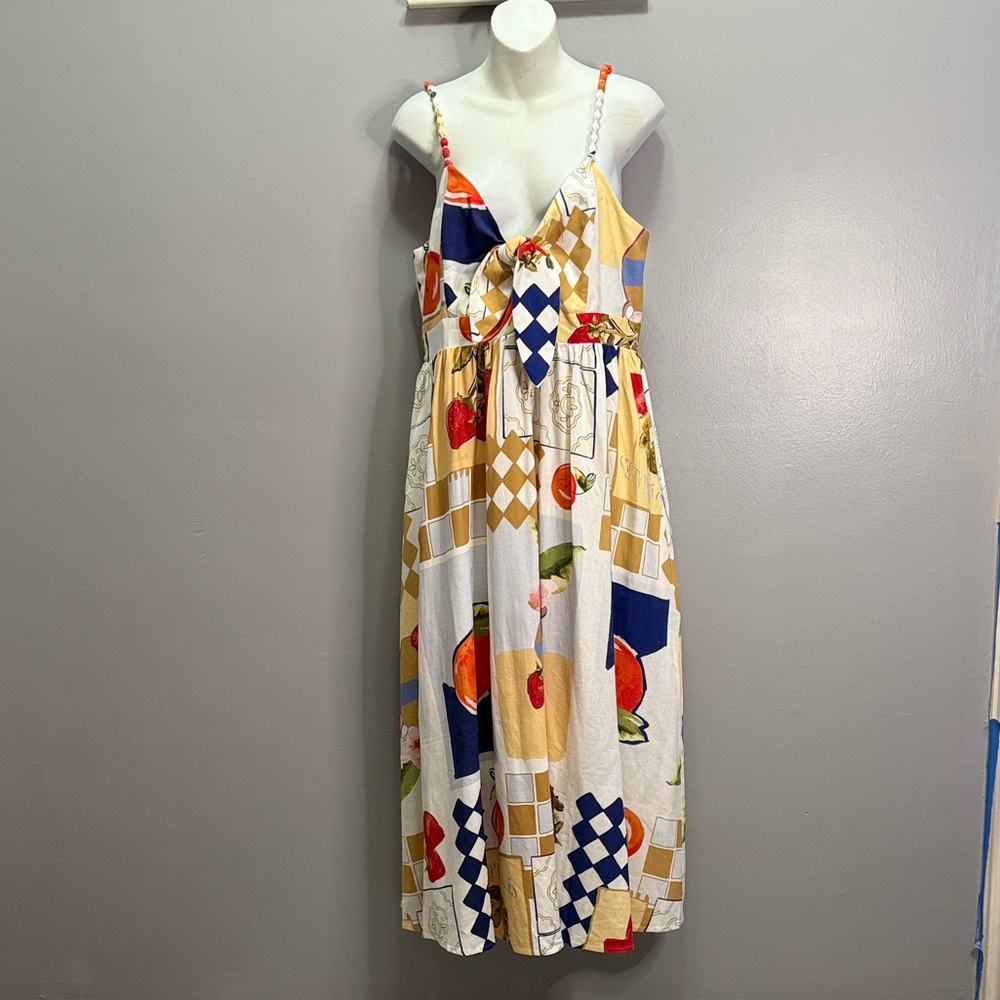 NWT Caroline Constas Linen Blend French Themed Maxi Dress Floral Fruit Sz L